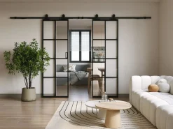 Vente-unique Puerta corredera doble - vidrio templado - 2 x Alt. 205 x L73 cm - WILDEN II Negro New