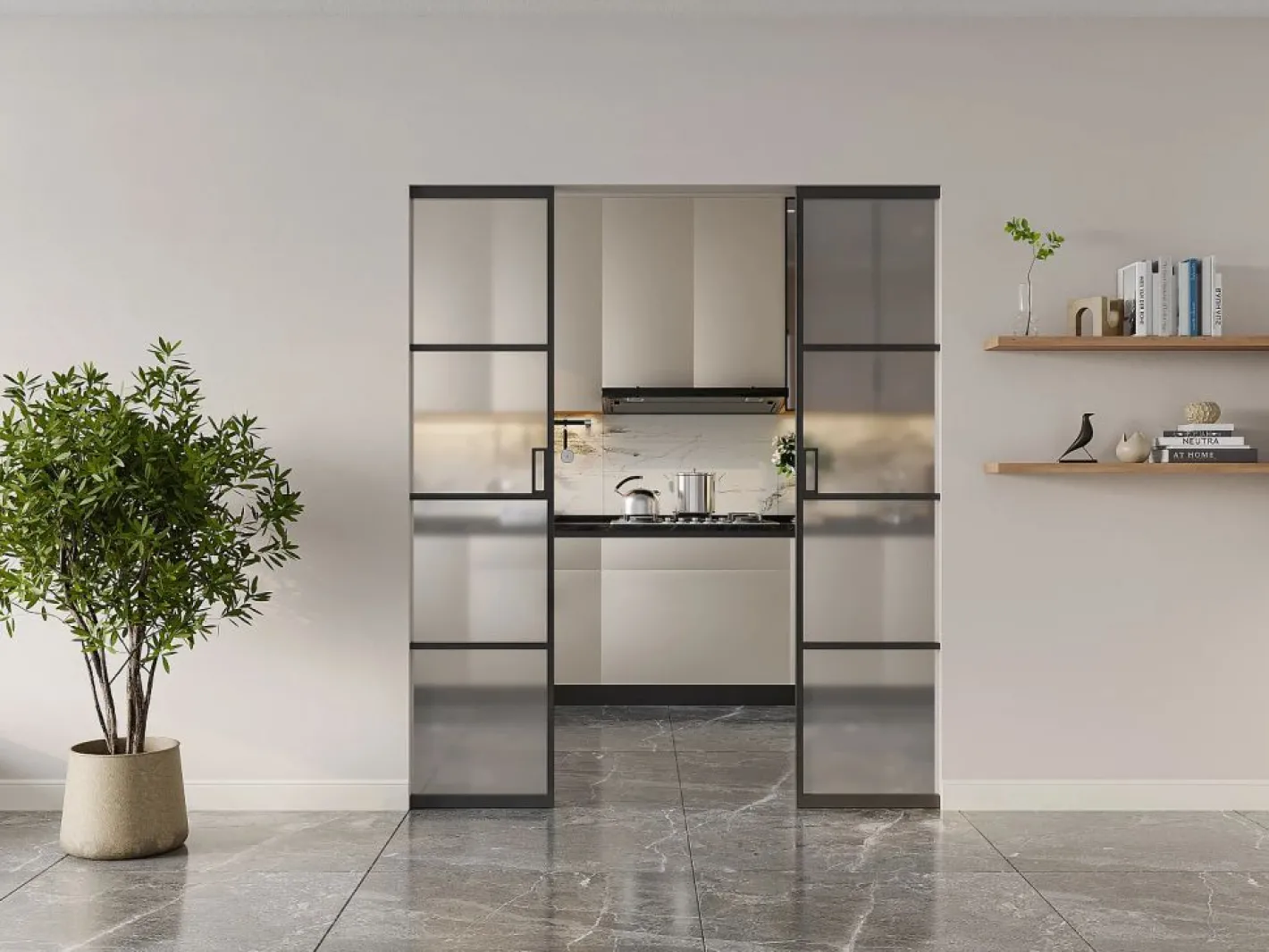 Vente-unique Puerta corredera doble empotrable vidrio esmerilado, aluminio 2 x Alt. 205 x L93 cm SINCA II Negro Sale