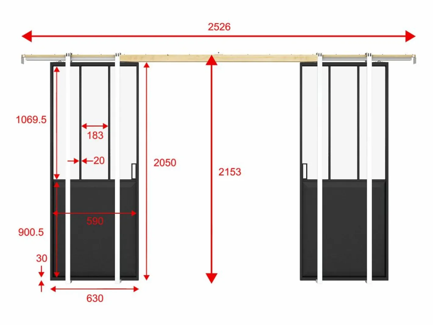 Vente-unique Puerta corredera doble empotrada vidrio templado 2 x Alt. 205 x Ancho 63 cm, ARTISTO II Negro Clearance