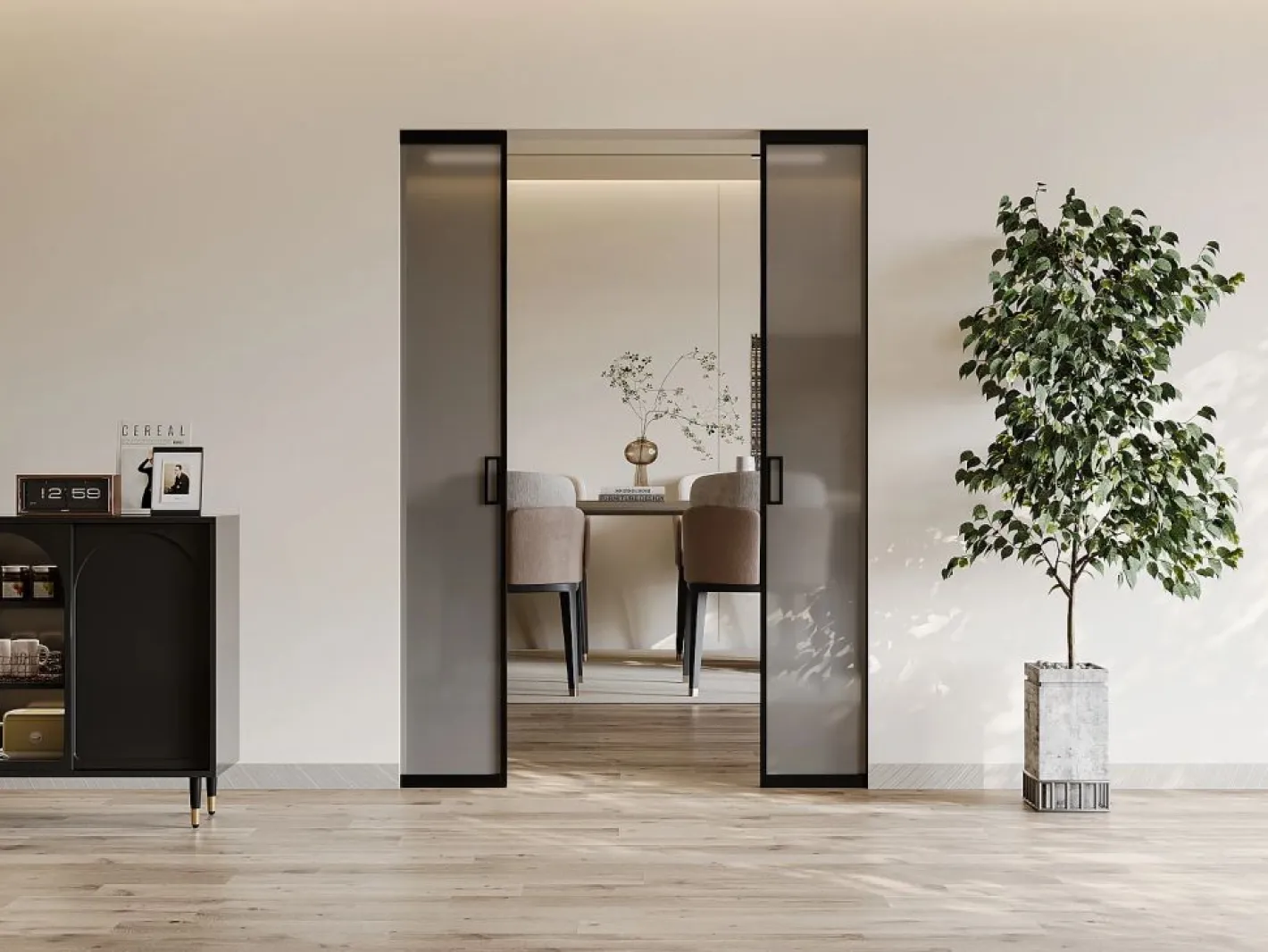 Vente-unique Puerta corredera doble sistema de empotramiento - vidrio ahumado - 2 x Alt. 205 x Ancho 83 cm - LINCI II Negro New