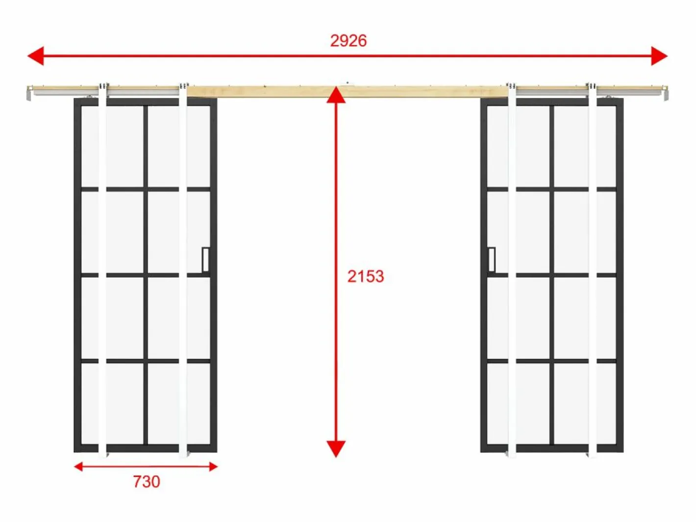 Vente-unique Puerta Corredera|Puerta corredera doble sistema de empotrable vidrio templado - 2 x Alt. 205 x L73 cm - WILDEN II