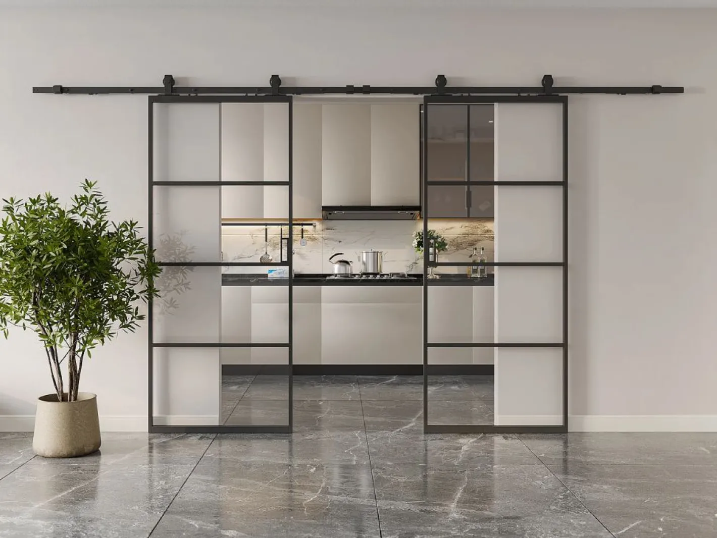 Puerta corredera doble vista vidrio transparente - 2 x Alt. 205 x L63 cm - SINCA II^Vente-unique