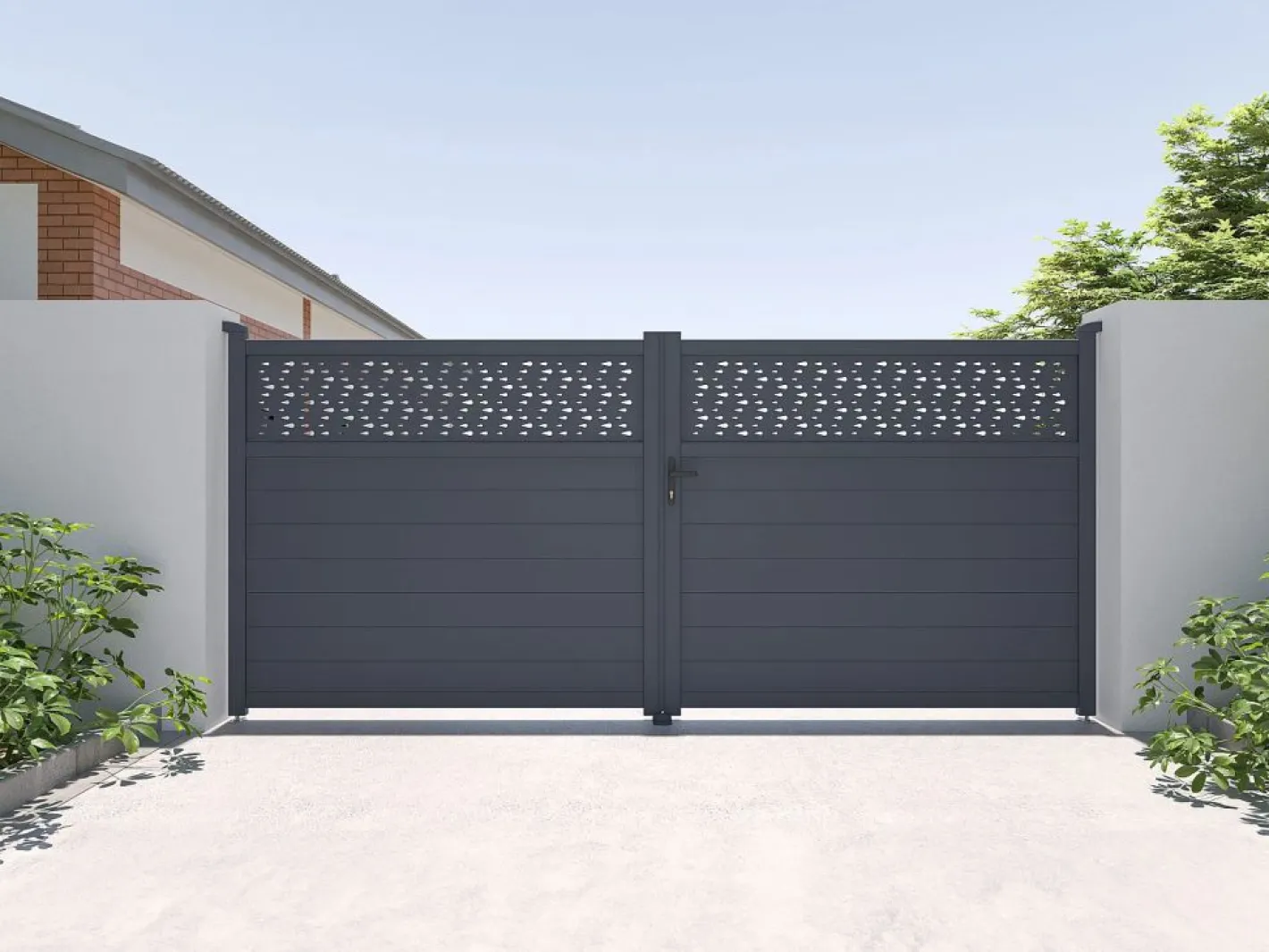 Puerta corredera eléctrica de aluminio semiperforada L397 x H181 cm antracita - BAZIO^EXPERTLAND Outlet