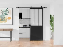 Vente-unique Puerta Corredera|Puerta corredera estilo taller con aplicación en riel, Alt. 205 x Ancho 83 cm, vidrio transparente, ARTISTO II
