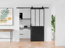 Vente-unique Puerta Corredera|Puerta corredera tipo taller con riel, MDF y cristal templado esmerilado, Alt. 205 x Ancho 83 cm, ARTISTO II
