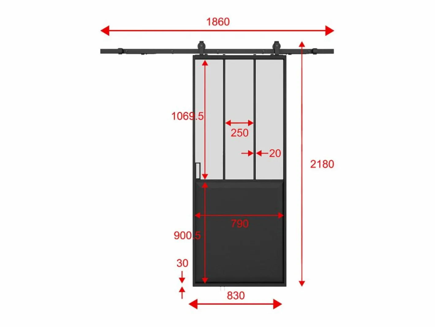 Vente-unique Puerta Corredera|Puerta corredera tipo taller con riel, MDF y cristal templado esmerilado, Alt. 205 x Ancho 83 cm, ARTISTO II