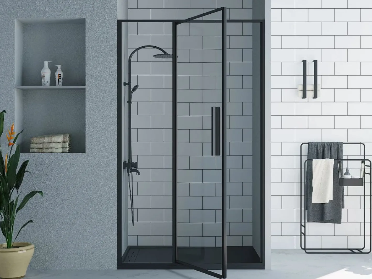 Shower & Design Puerta de ducha corredera mate estilo industrial, 120 x 195 cm, TORONI Negro