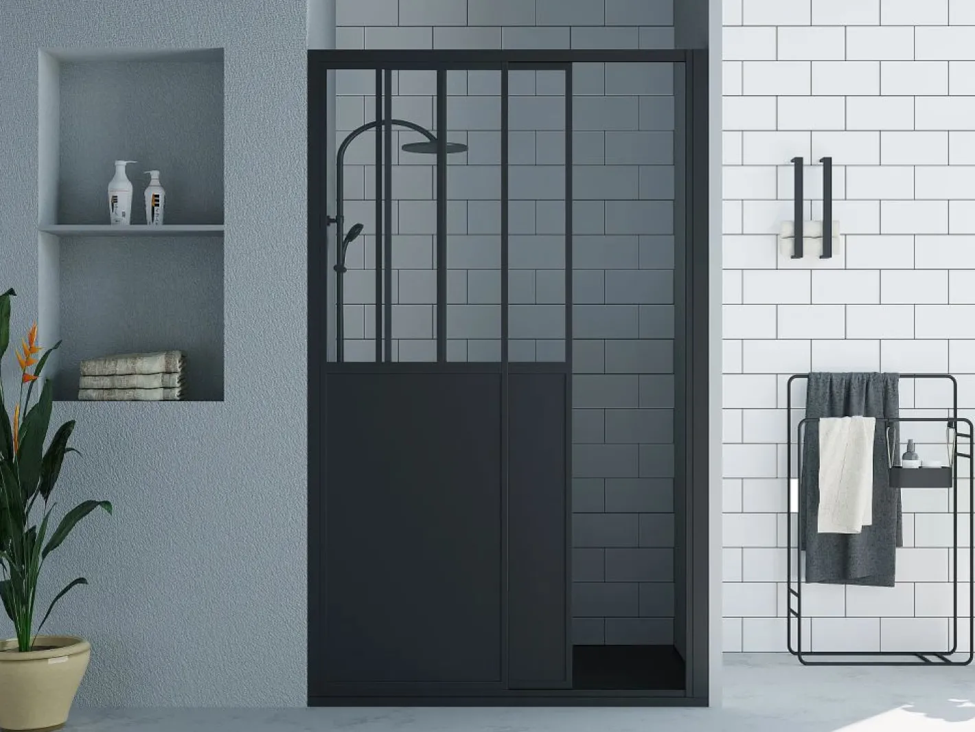 Puerta de ducha corredera mate estilo taller, 140 x 195 cm, URBANIK^Shower & Design