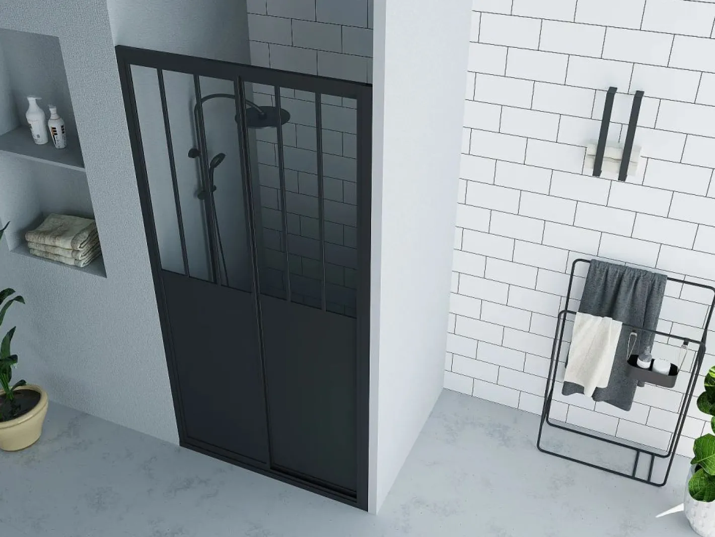 Shower & Design Puerta de ducha corredera negra estilo atelier, mampara de ducha, 100 x 195 cm, URBANIK Negro Outlet