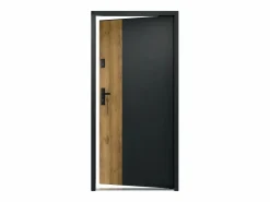 Vente-unique Puerta De Entrada|Puerta de entrada de acero Alt. 207 x L100 cm - Negro y madera - apertura derecha - MABENA