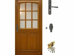 Puerta de entrada de madera acristalada, Navy, Al.215xl.90 p. derecha + Mango Y Cañón (ref 010403RFP)Tabla de Dimensiones sin manilla^GD Menuiseries Sale