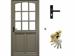 GD Menuiseries Puerta de entrada de madera acristalada, Ady, Verde RAL7002, Al.215xl.90 p. derecha + Mango Y Barril (ref010723NO) Dimensión mesa sin manilla Color natural claro Hot