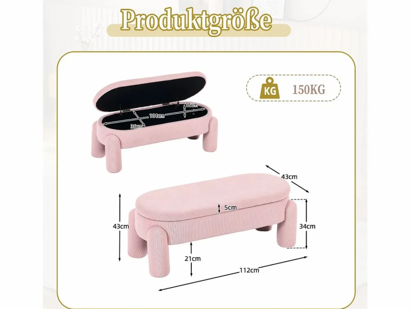 Puf banco de cama con arcón de almacenamiento en terciopelo, estilo contemporáneo y multifuncional para dormitorio y salón Rosa Online