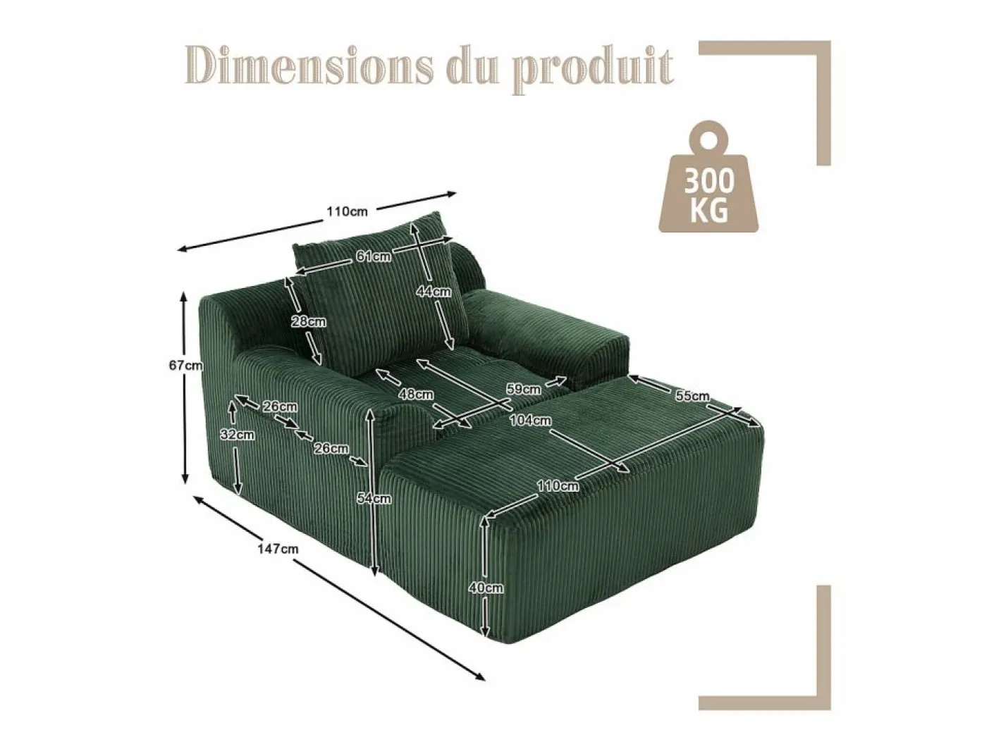 Puf Sillón Gigante con Reposapiés - Sofá de 1 Plaza en Pana - Confort Óptimo para Salón, Dormitorio o Oficina Verde pino