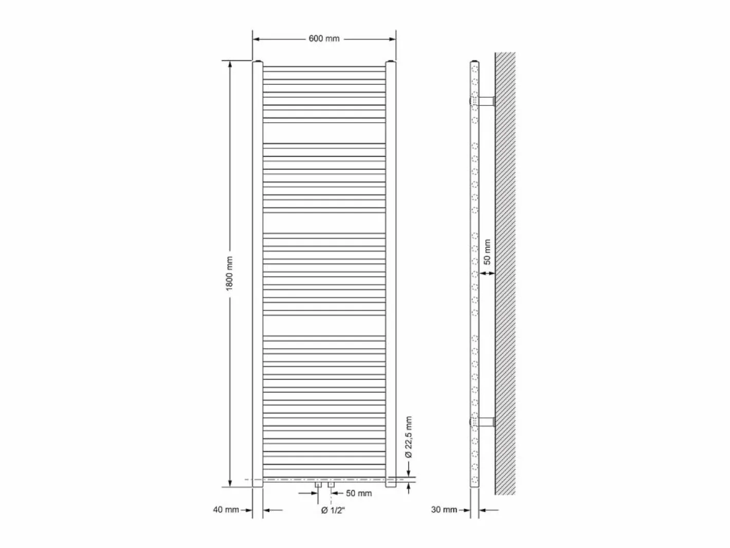 Radiador de diseño no eléctrico Sahara, 600 x 1800 mm, , conexión central, con kit^LuxeBath Sale