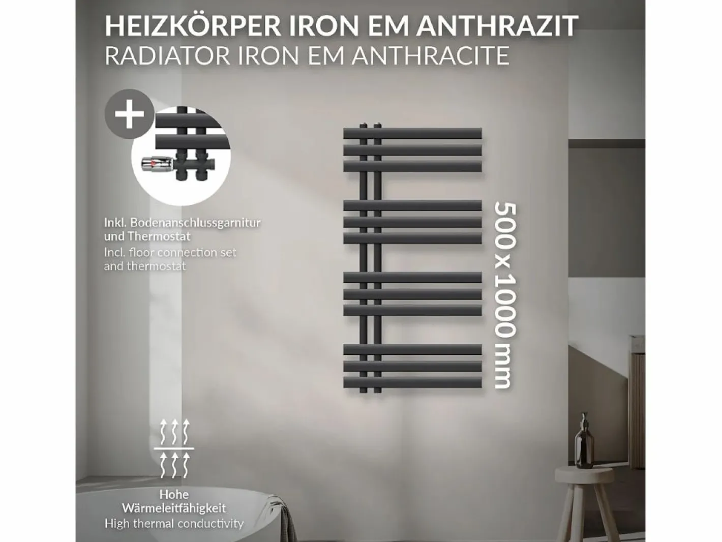 LuxeBath Toallero Eléctrico|Radiador de panel antracita para baño 500x1000mm con conexión central al suelo