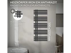 Radiador de panel antracita para baño 500x1200mm con conexión central universal^LuxeBath Hot