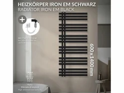 LuxeBath Radiador toallero eléctrico mate 600x1400mm con elemento calefactor 1200W Negro Hot