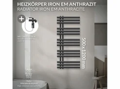 Radiador toallero eléctrico antracita 500 x 1200 mm con elemento calefactor 900W^LuxeBath Online
