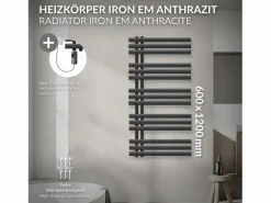 Radiador toallero eléctrico antracita 600 x 1200 mm con elemento calefactor 900W^LuxeBath Online