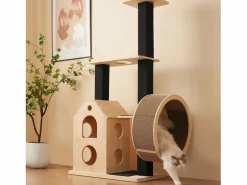 Árbol para gatos con rueda de ejercicio - 80 x 40 x 152 cm - con 4 plataformas + 2 casitas + alfombra rascadora - Madera - Natural^Merax Sale