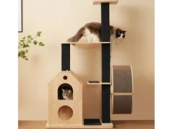 Árbol para gatos con rueda de ejercicio - 80 x 40 x 152 cm - con 4 plataformas + 2 casitas + alfombra rascadora - Madera - Natural^Merax Sale