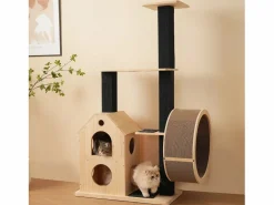 Árbol para gatos con rueda de ejercicio - 80 x 40 x 152 cm - con 4 plataformas + 2 casitas + alfombra rascadora - Madera - Natural^Merax Sale
