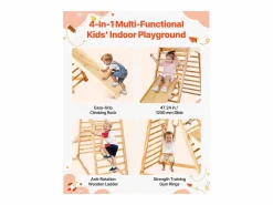 Área de Juegos Interior SucceBuy de Madera 4-en-1, con Pared de Escalada, Tobogán, Escalera de Madera y Anillos de Gimnasia, Estructura de Juegos^ Best