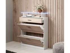 MB Muebles Bonitos Recibidor zapatero para Entrada Pasillo en Blanco y Sonoma con LED 89x24x105cm Paola Color natural claro / Blanco Clearance