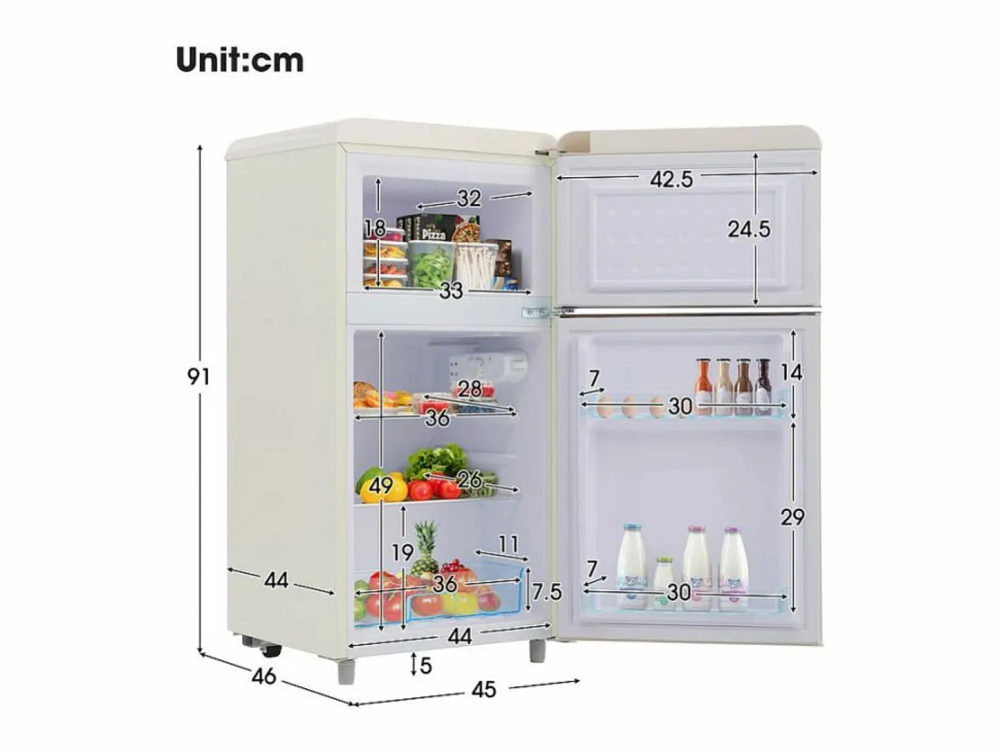 Refrigerador de doble puerta con ajustes y ruedas - 72L - 120kWh/año - Nivel de ruido bajo de 39 dB - Clase E - 45x44x91cm^DripeX