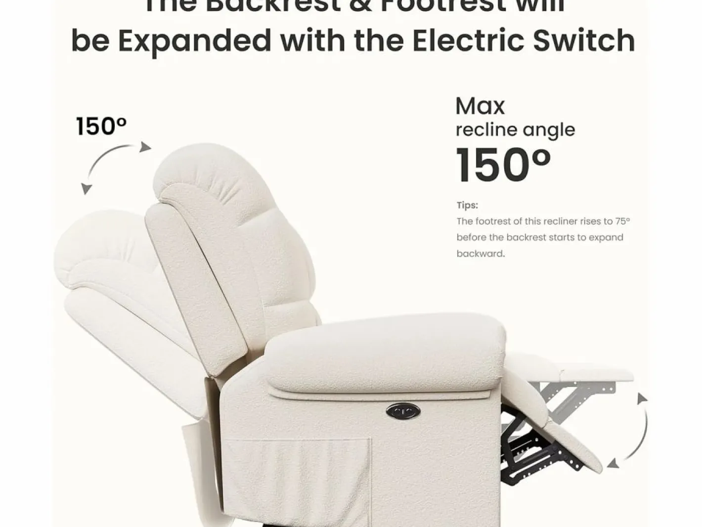 DripeX Sillón Escandinavo|Relájate sillón de terciopelo eléctrico de teddy, silla de ocio ajustable con USB, anti -estatal con reposapiés - 96x97x104cm