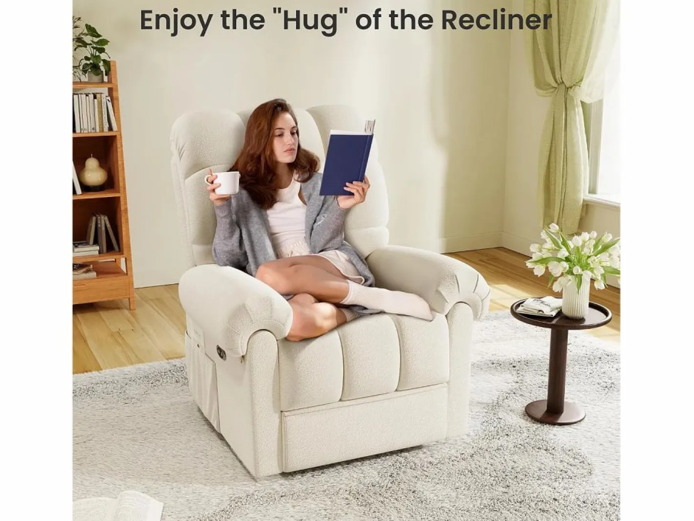 DripeX Sillón Escandinavo|Relájate sillón de terciopelo eléctrico de teddy, silla de ocio ajustable con USB, anti -estatal con reposapiés - 96x97x104cm