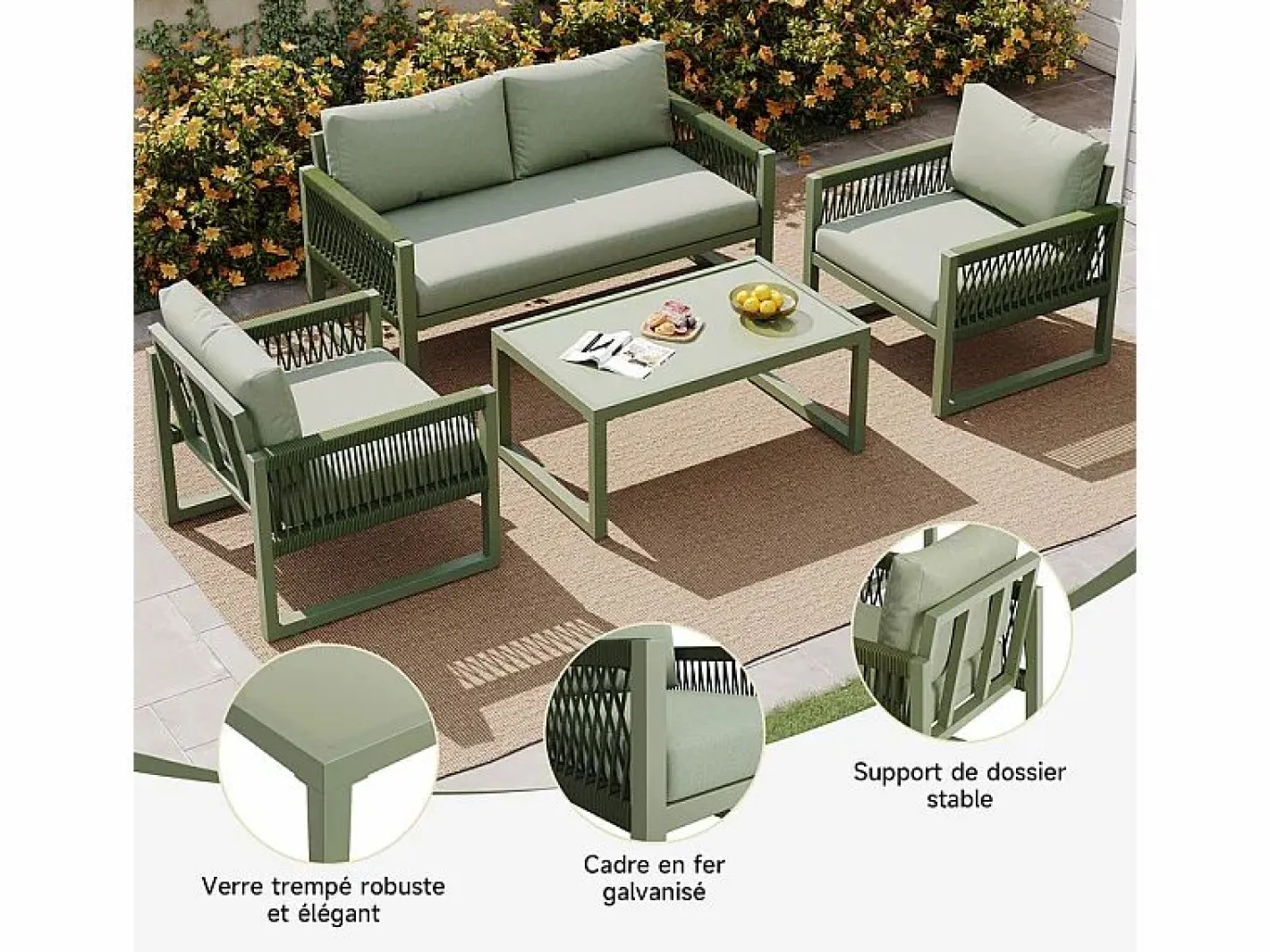 Salón de jardín 4 plazas metal: 1 sofá 2 plazas, 2 sillones y mesa centro vidrio templado -^DripeX Online