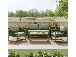 Salón de jardín 4 plazas metal: 1 sofá 2 plazas, 2 sillones y mesa centro vidrio templado -^DripeX Online