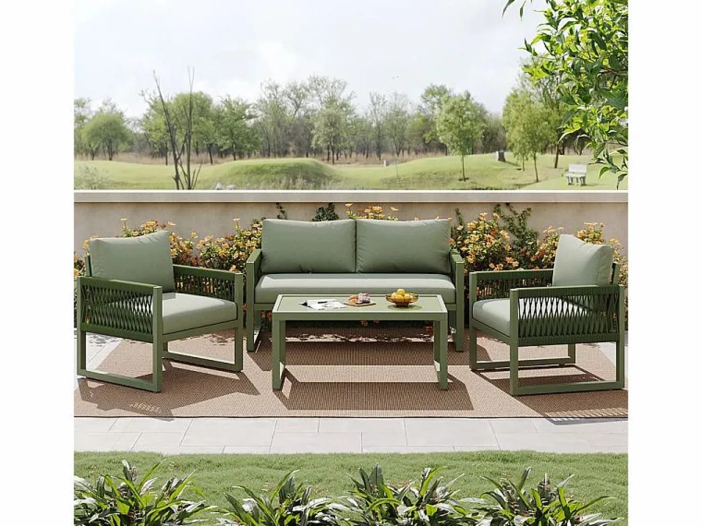Salón de jardín 4 plazas metal: 1 sofá 2 plazas, 2 sillones y mesa centro vidrio templado -^DripeX Online