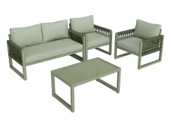 Salón de jardín 4 plazas metal: 1 sofá 2 plazas, 2 sillones y mesa centro vidrio templado -^DripeX Online