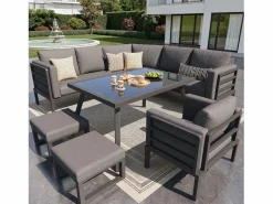 ModernLuxe Salones De Jardín|Salón de jardín, conjunto de muebles para 8 plazas, en hierro galvanizado, 1 sillón y 2 taburetes, sofá de esquina, mesa de comedor,