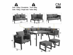 ModernLuxe Salones De Jardín|Salón de jardín, conjunto de muebles para 8 plazas, en hierro galvanizado, 1 sillón y 2 taburetes, sofá de esquina, mesa de comedor,