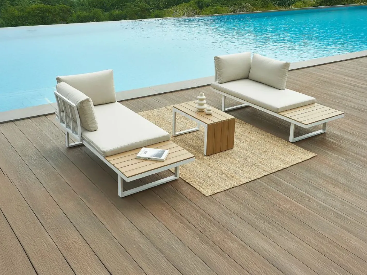 Salón de jardín modular de aluminio: 2 sofás y una mesa de centro - con cojines beige - BAMBAÏA de^MYLIA Sale