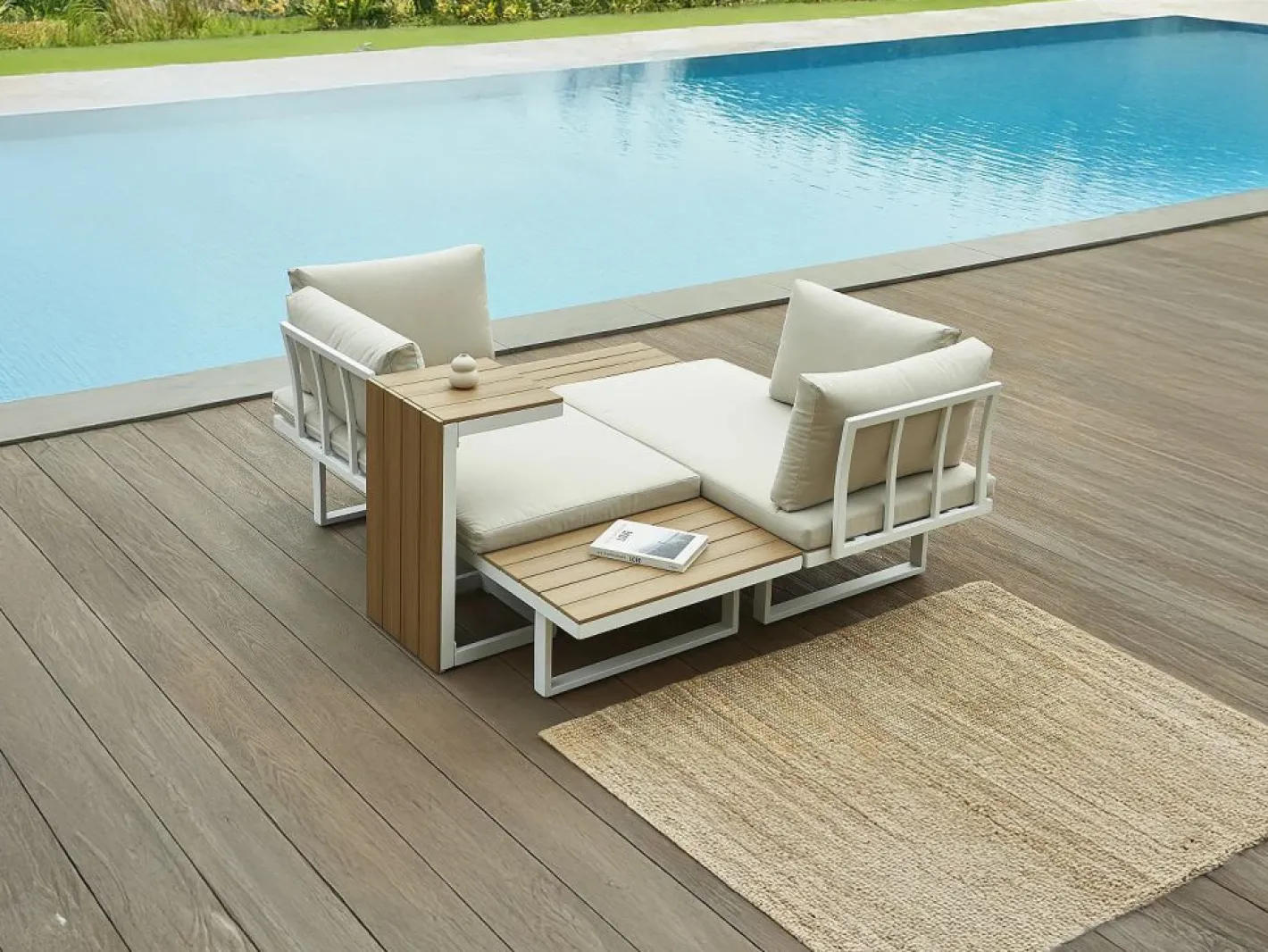 Salón de jardín modular de aluminio: 2 sofás y una mesa de centro - con cojines beige - BAMBAÏA de^MYLIA Sale