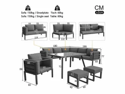 DripeX Salón de jardín modular metal: 1 sofá 5 plazas panorámico, 1 sillón, 2 taburetes y mesa centro - Gris New