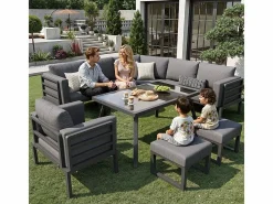 DripeX Salón de jardín modular metal: 1 sofá 5 plazas panorámico, 1 sillón, 2 taburetes y mesa centro - Gris New