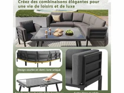 DripeX Salón de jardín modular metal: 1 sofá 5 plazas panorámico, 1 sillón, 2 taburetes y mesa centro - Gris New