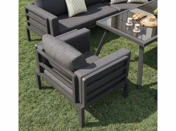 DripeX Salón de jardín modular metal: 1 sofá 5 plazas panorámico, 1 sillón, 2 taburetes y mesa centro - Gris New