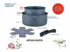 Arthur Martin Material Y Utensilios De Cocina|Set de 2 cacerolas antiadherentes AM2984 Ø16-20 cm, mango desmontable, para todo tipo de fuegos incluyendo inducción, gris mate