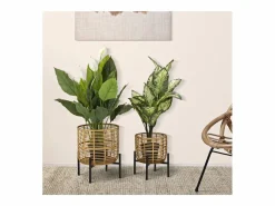 Set de 2 portamacetas redondos de ratán con soporte de metal negro Zeyok Marru00f3n
