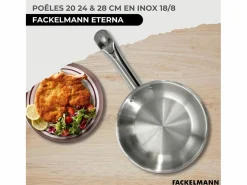 Fackelmann Set de 3 sartenes de acero inoxidable Eterna 20-24-28 cm, compatibles con inducción, mangos remachados, cocción homogénea Plateado Outlet