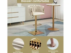 Set de 2 Taburetes de Bar Trenzados - Patas de Metal Dorado - Reposapiés - Altura Ajustable - Giro 360° - Ideal para Cocina, Salón o Bar Marfil Sale
