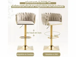 Set de 2 Taburetes de Bar Trenzados - Patas de Metal Dorado - Reposapiés - Altura Ajustable - Giro 360° - Ideal para Cocina, Salón o Bar Marfil Sale