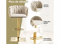 Set de 2 Taburetes de Bar Trenzados - Patas de Metal Dorado - Reposapiés - Altura Ajustable - Giro 360° - Ideal para Cocina, Salón o Bar Marfil Sale